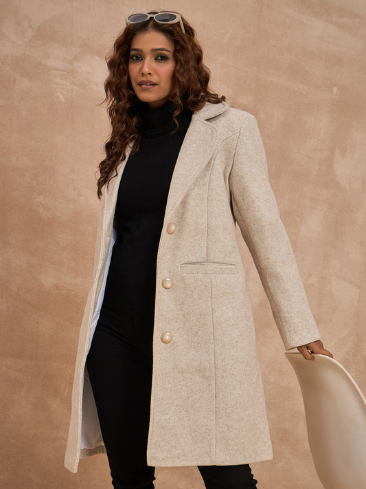Clapton Women’S Wool Blend Long Winter Coat Beige – Classic Button Closure & Lapel Collar