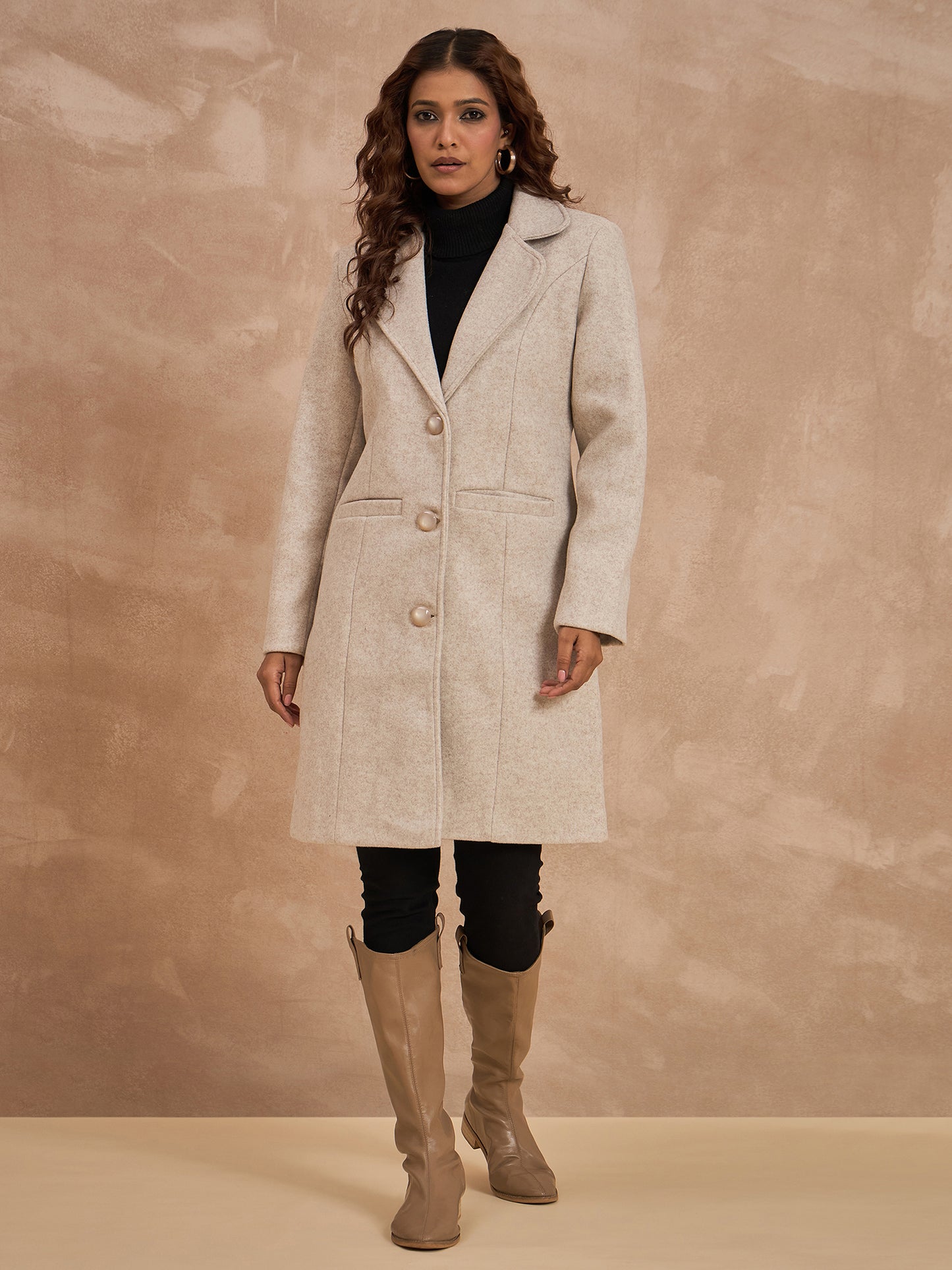 Clapton Women’S Wool Blend Long Winter Coat Beige – Classic Button Closure & Lapel Collar