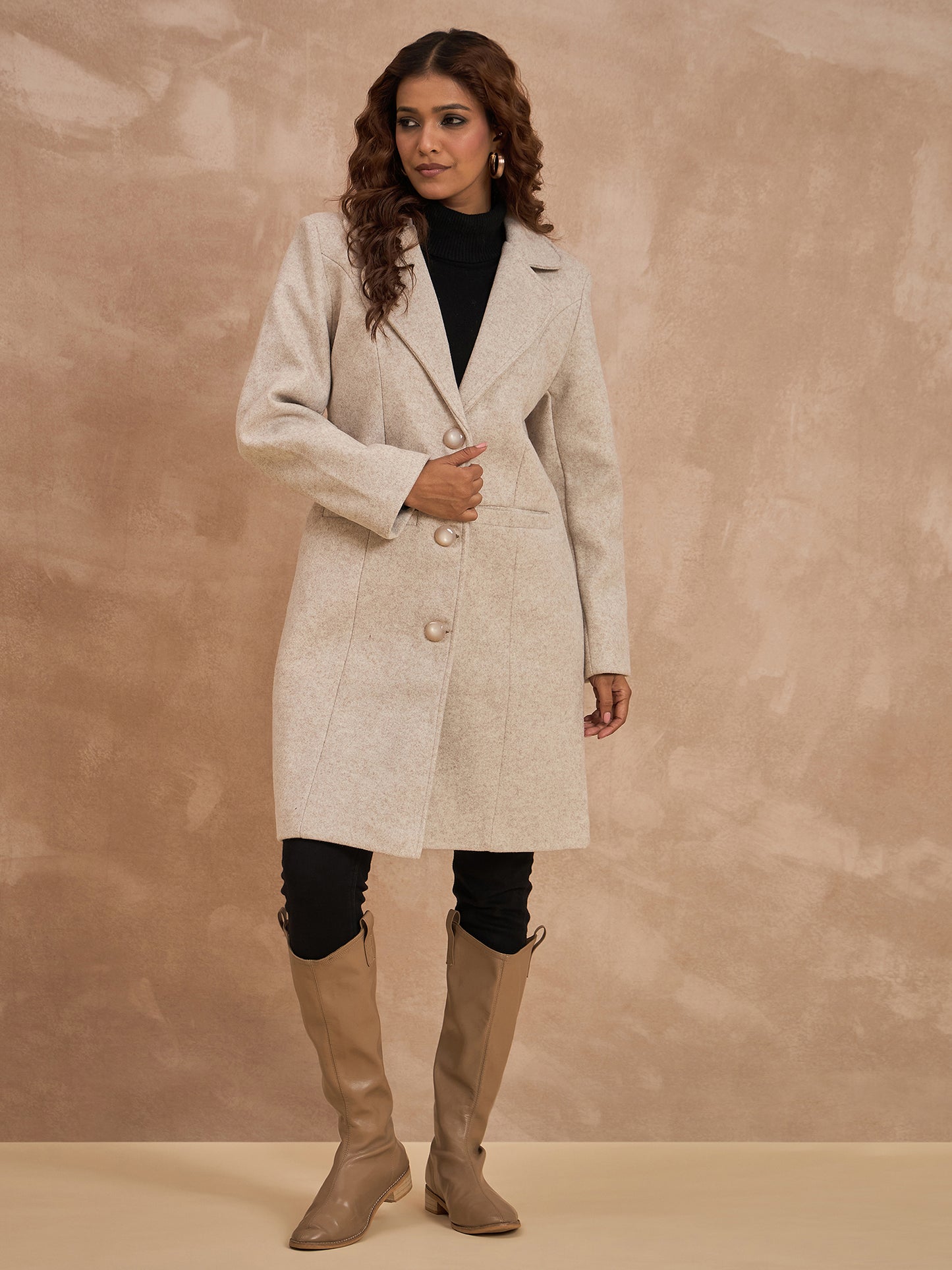 Clapton Women’S Wool Blend Long Winter Coat Beige – Classic Button Closure & Lapel Collar