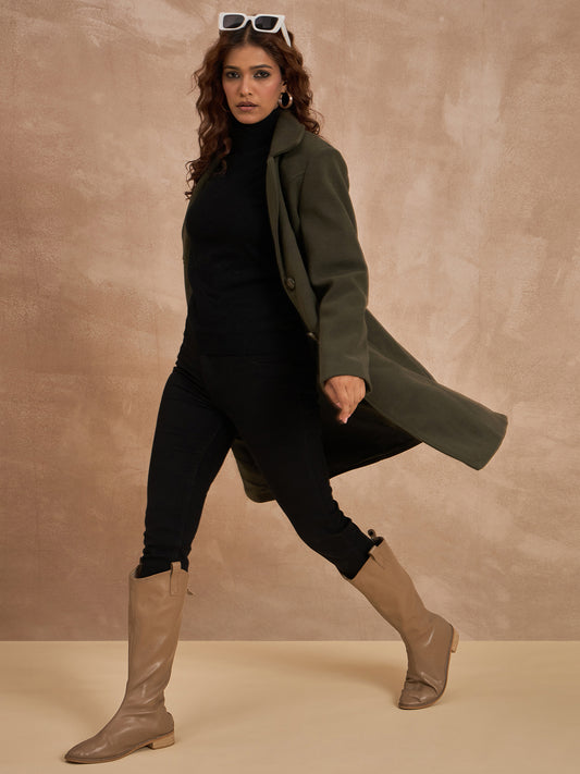 Clapton Women’S Wool Blend Long Winter Coat Olive – Classic Button Closure & Lapel Collar