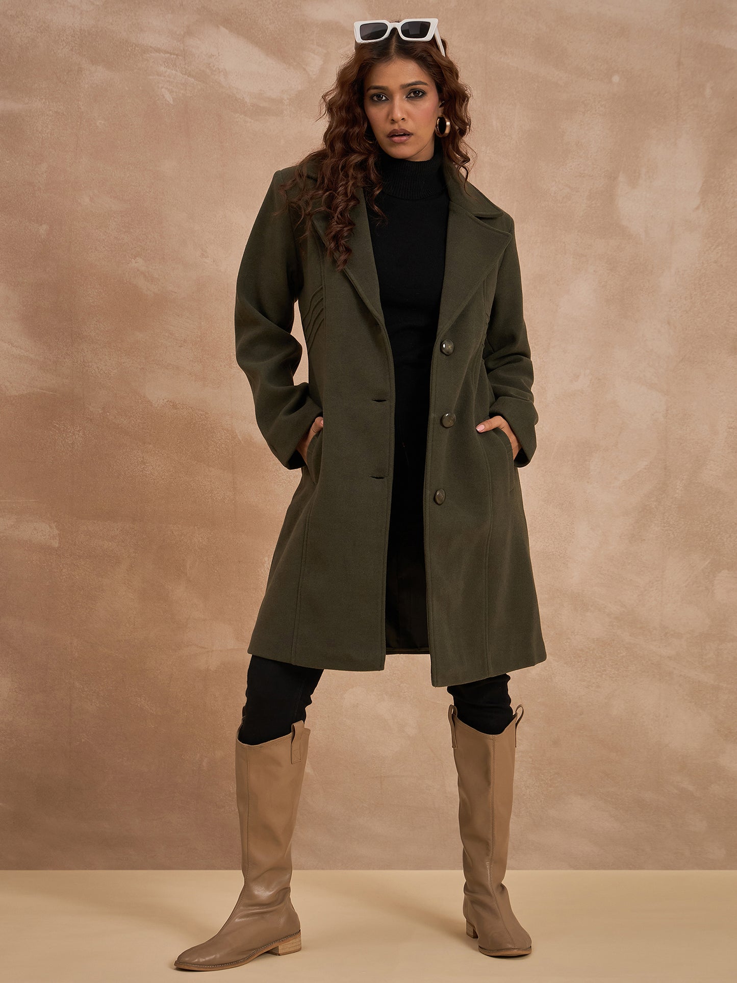 Clapton Women’S Wool Blend Long Winter Coat Olive – Classic Button Closure & Lapel Collar