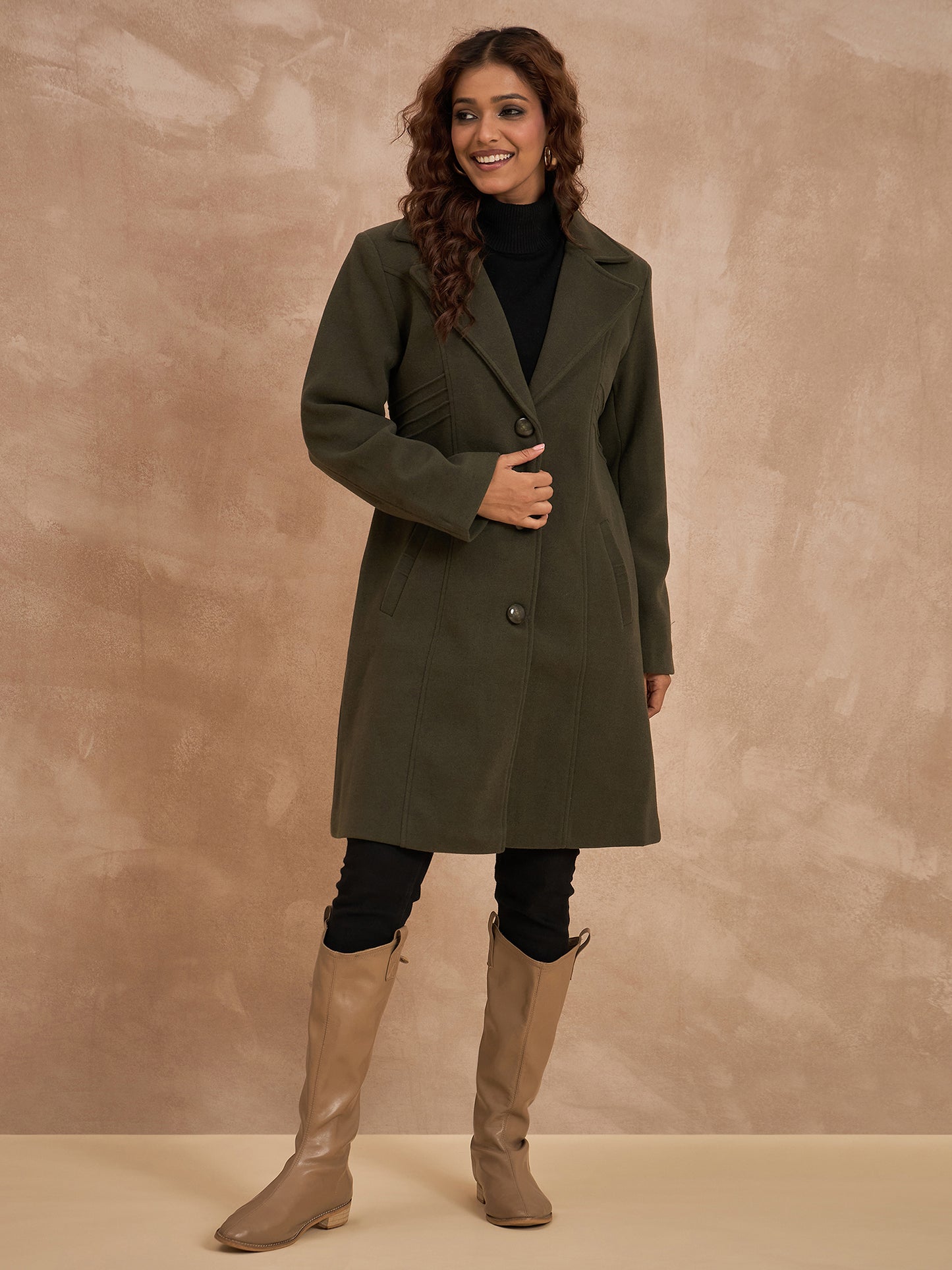 Clapton Women’S Wool Blend Long Winter Coat Olive – Classic Button Closure & Lapel Collar