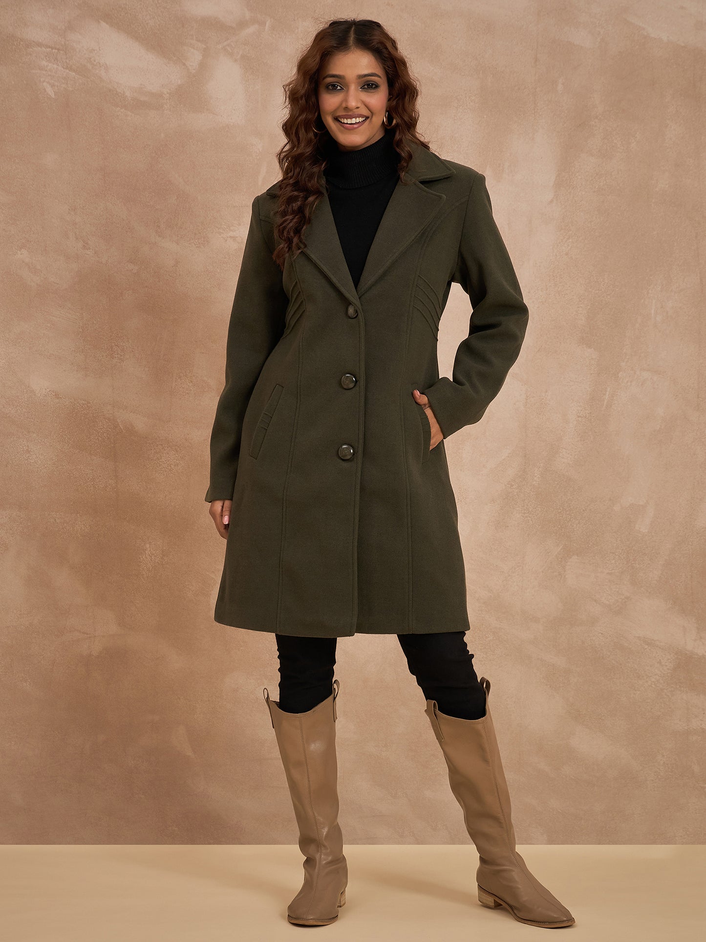 Clapton Women’S Wool Blend Long Winter Coat Olive – Classic Button Closure & Lapel Collar