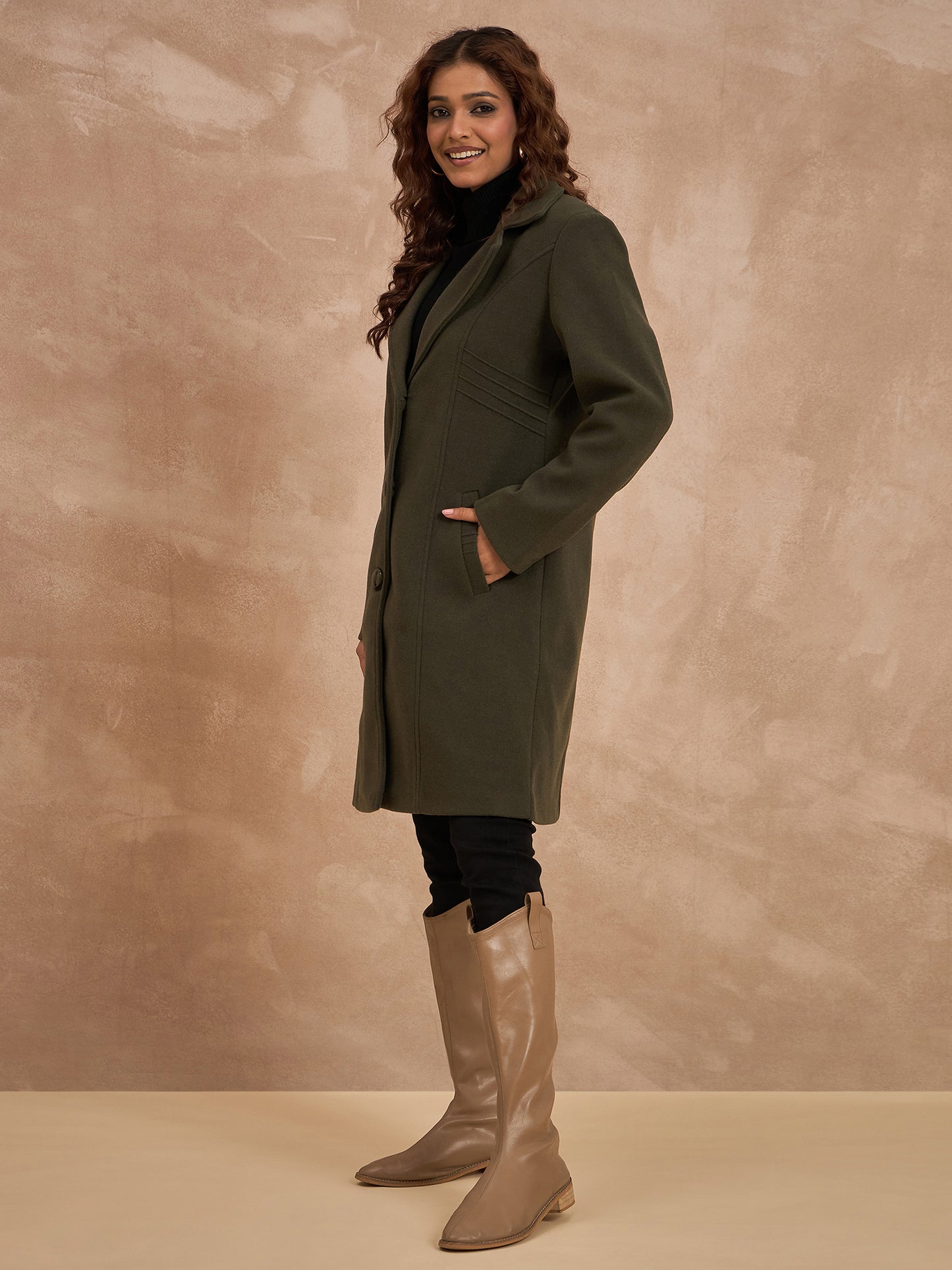 Clapton Women’S Wool Blend Long Winter Coat Olive – Classic Button Closure & Lapel Collar