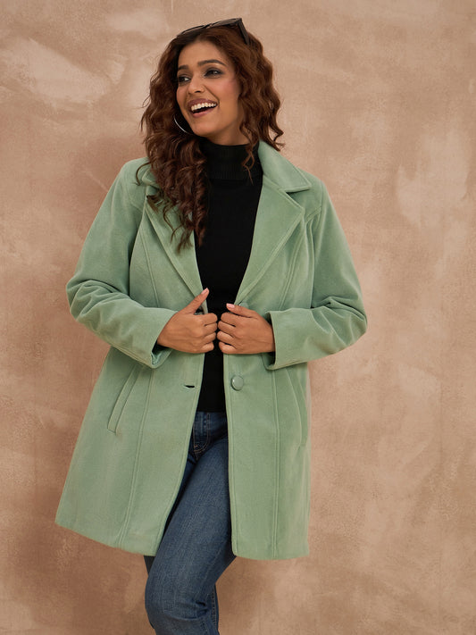 Clapton Women’S Wool Blend Long Winter Coat Green – Classic Button Closure & Lapel Collar