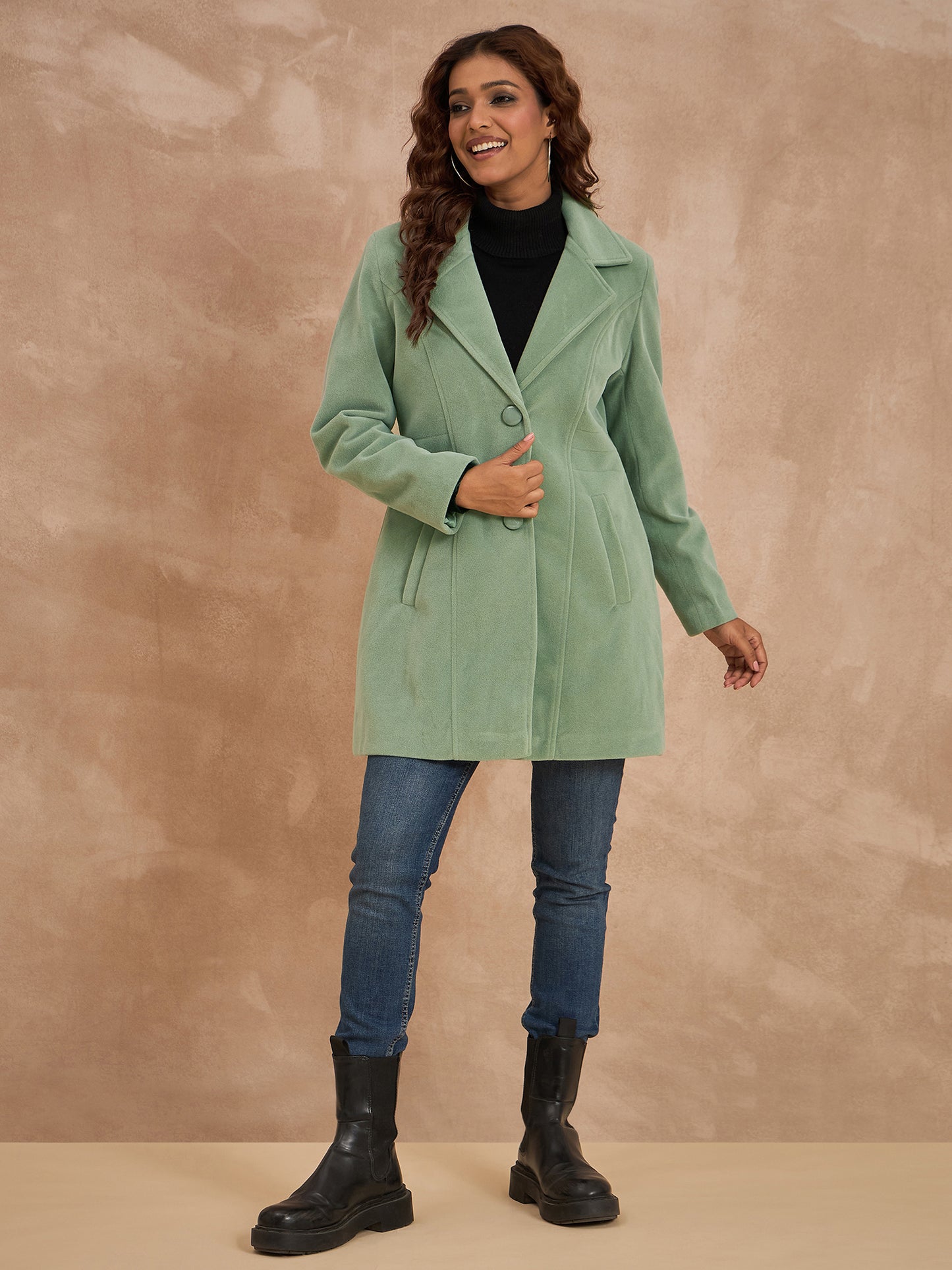 Clapton Women’S Wool Blend Long Winter Coat Green – Classic Button Closure & Lapel Collar