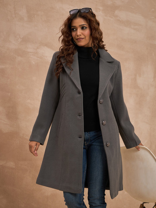 Clapton Women’S Wool Blend Long Winter Coat Grey – Classic Button Closure & Lapel Collar
