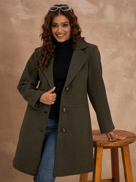Clapton Women’S Wool Blend Long Winter Coat Green – Classic Button Closure & Lapel Collar
