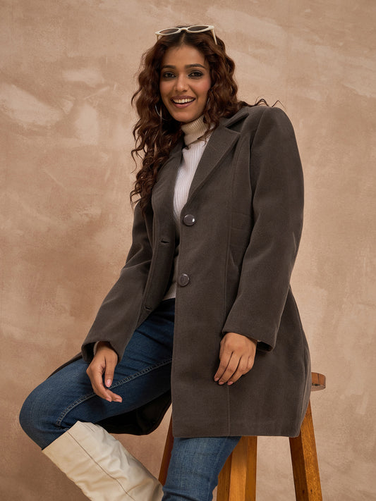 Clapton Women’S Wool Blend Long Winter Coat Brown – Classic Button Closure & Lapel Collar