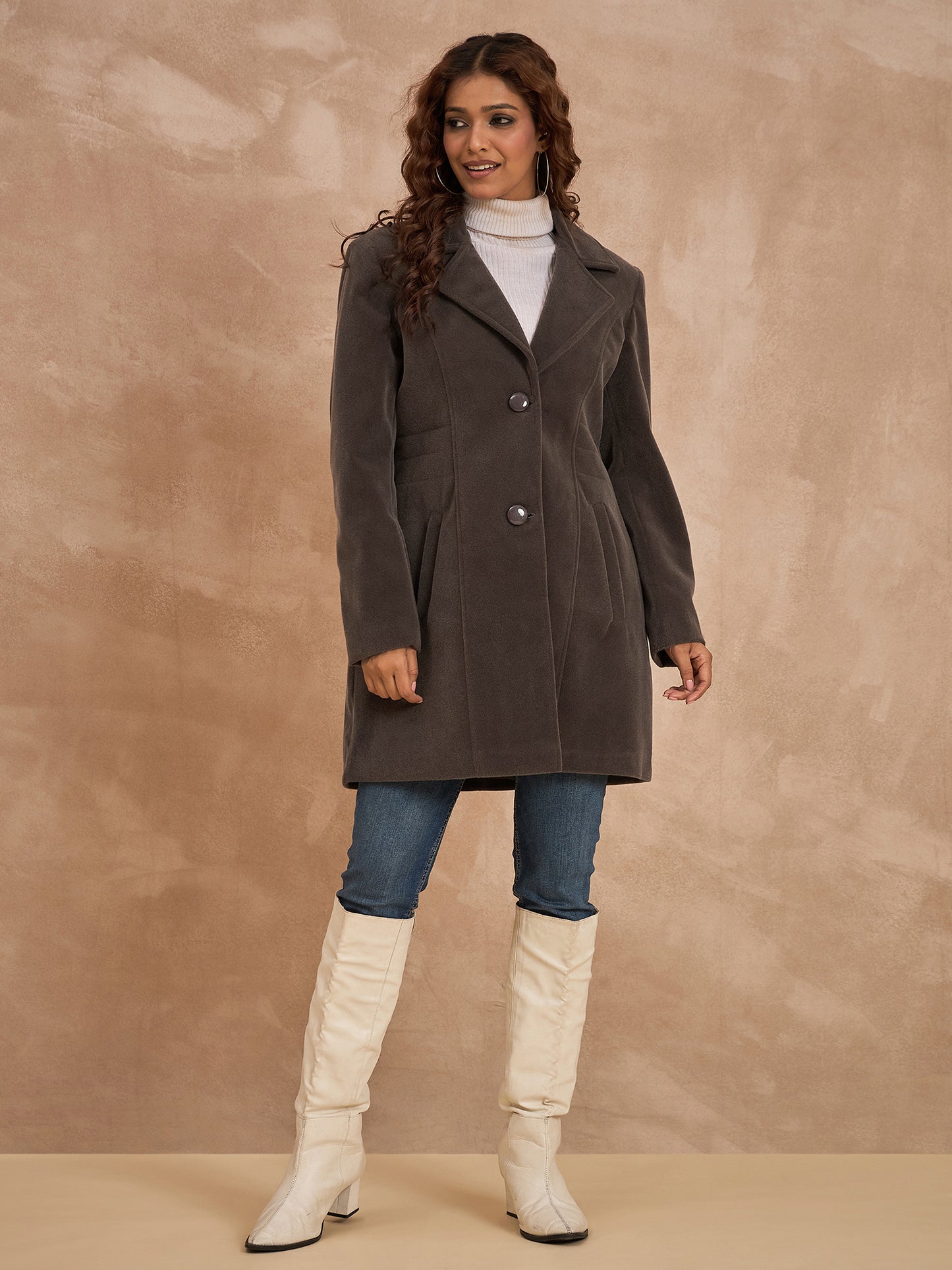 Clapton Women’S Wool Blend Long Winter Coat Brown – Classic Button Closure & Lapel Collar