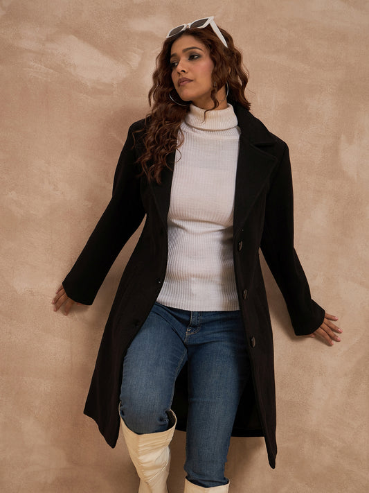 Clapton Women’S Wool Blend Long Winter Coat Black – Classic Button Closure & Lapel Collar