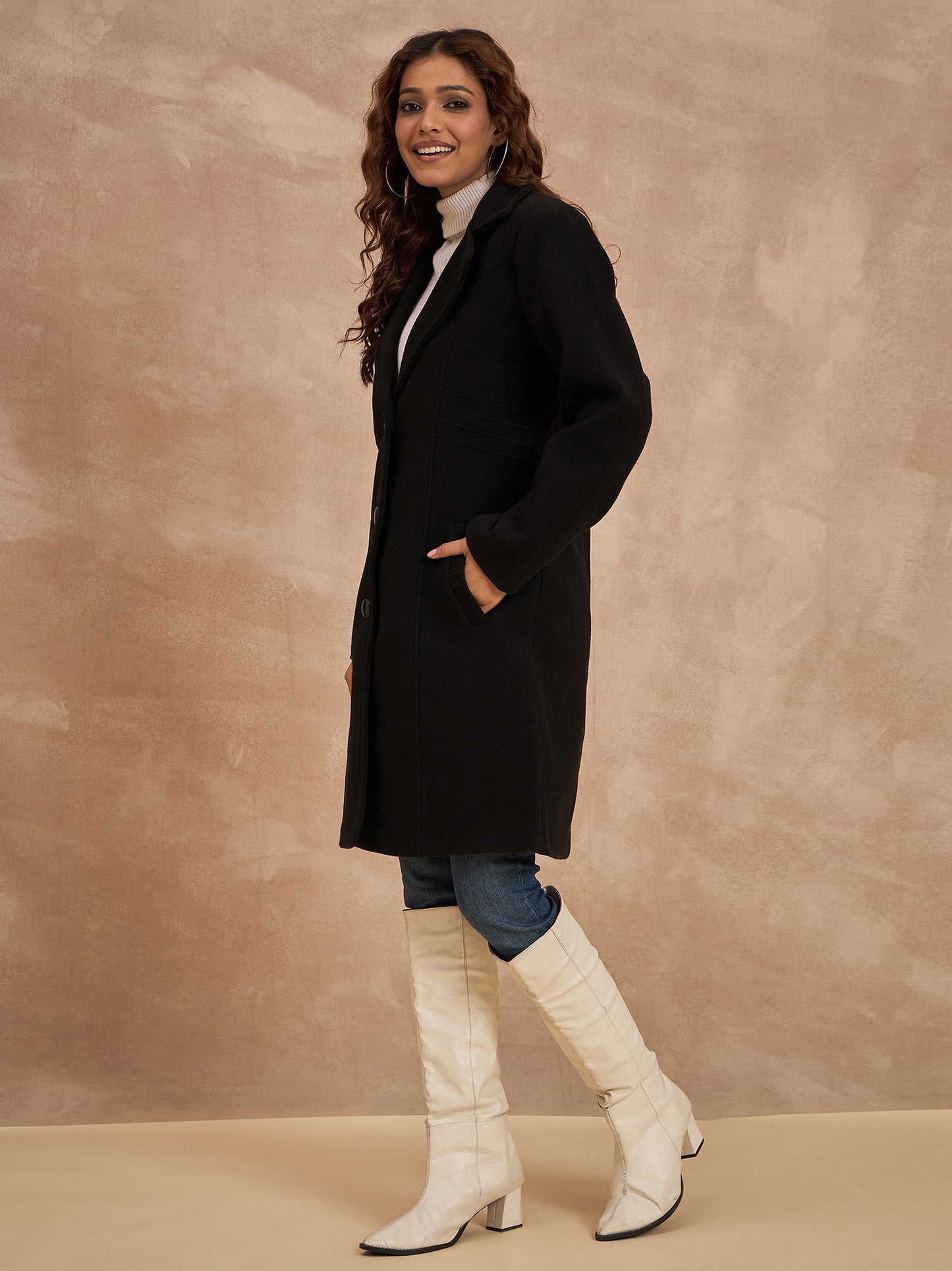 Clapton Women’S Wool Blend Long Winter Coat Black – Classic Button Closure & Lapel Collar