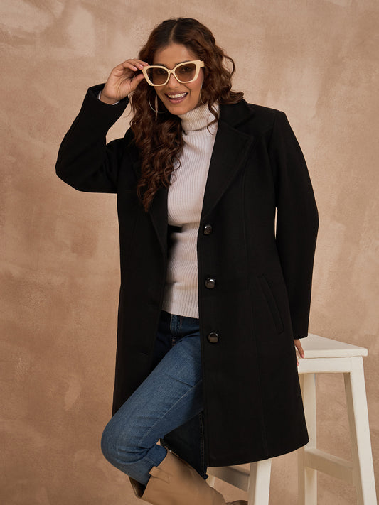 Clapton Women’S Wool Blend Long Winter Coat Black – Classic Button Closure & Lapel Collar