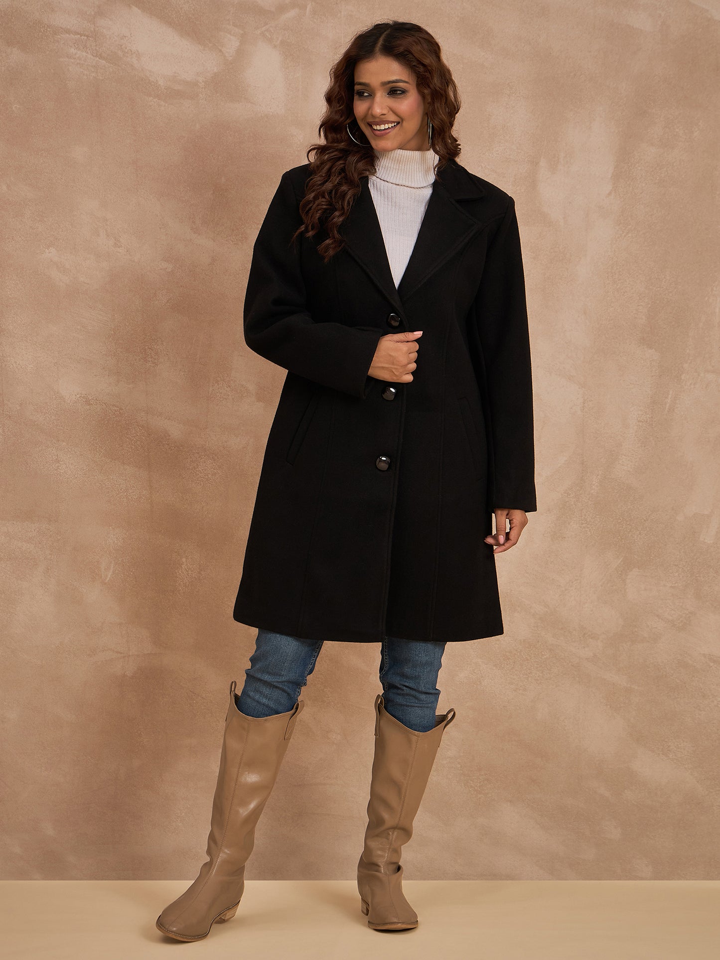 Clapton Women’S Wool Blend Long Winter Coat Black – Classic Button Closure & Lapel Collar