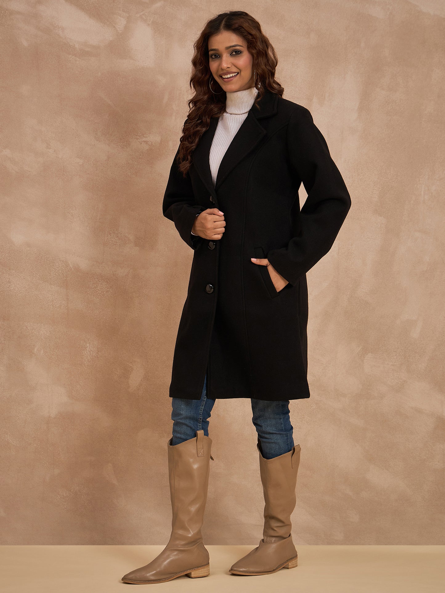 Clapton Women’S Wool Blend Long Winter Coat Black – Classic Button Closure & Lapel Collar