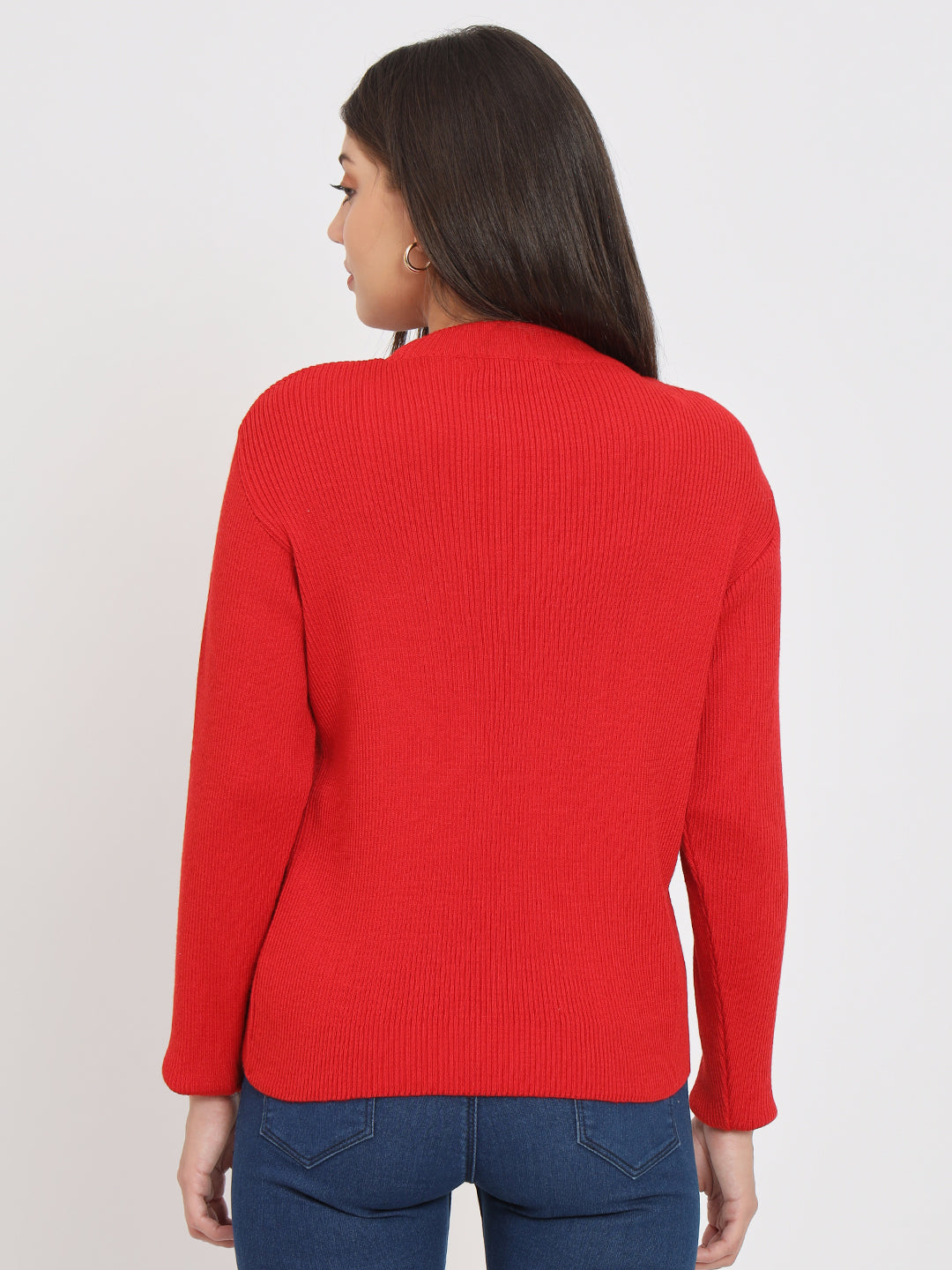 Wool Blend Round Neck Red Top With Embroidery