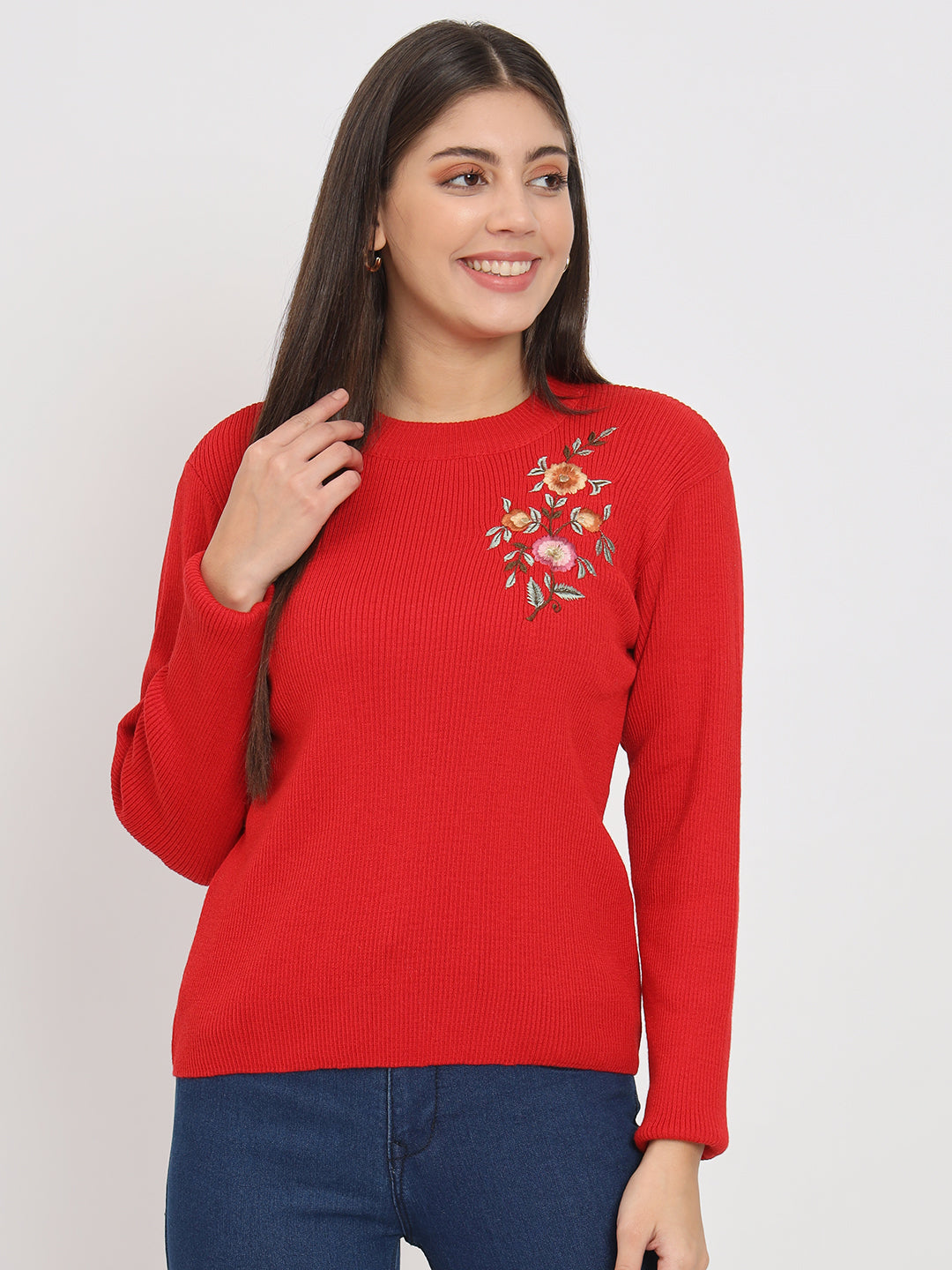 Wool Blend Round Neck Red Top With Embroidery