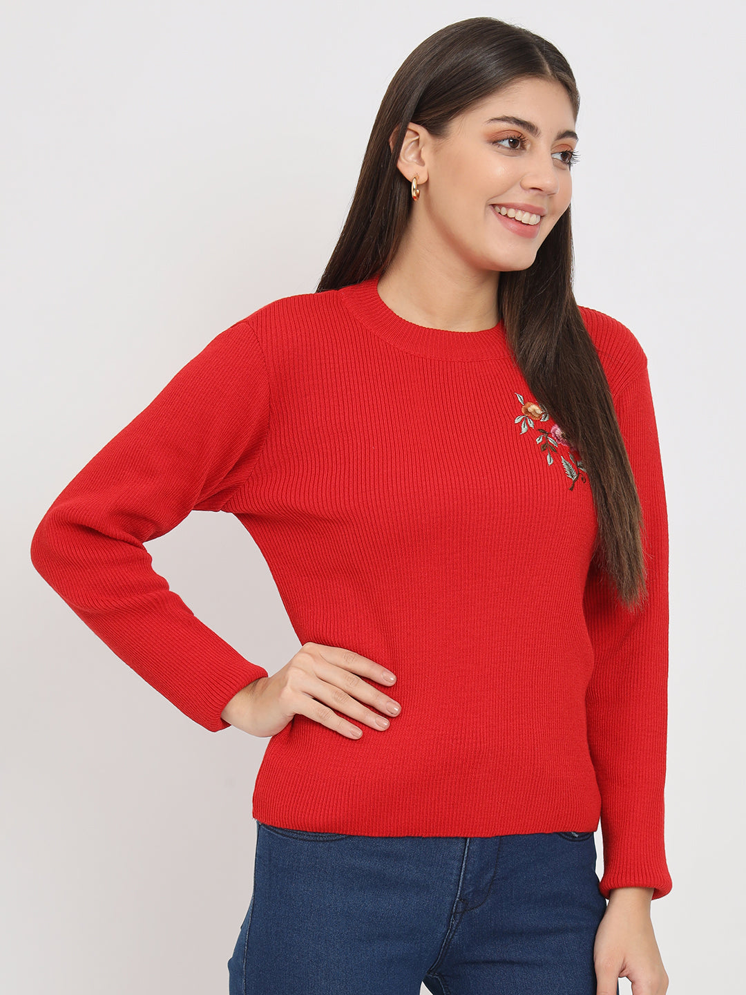 Wool Blend Round Neck Red Top With Embroidery