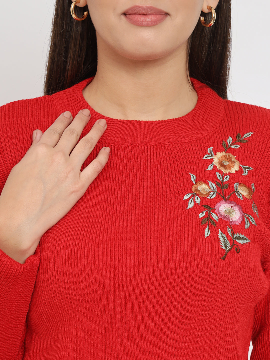 Wool Blend Round Neck Red Top With Embroidery