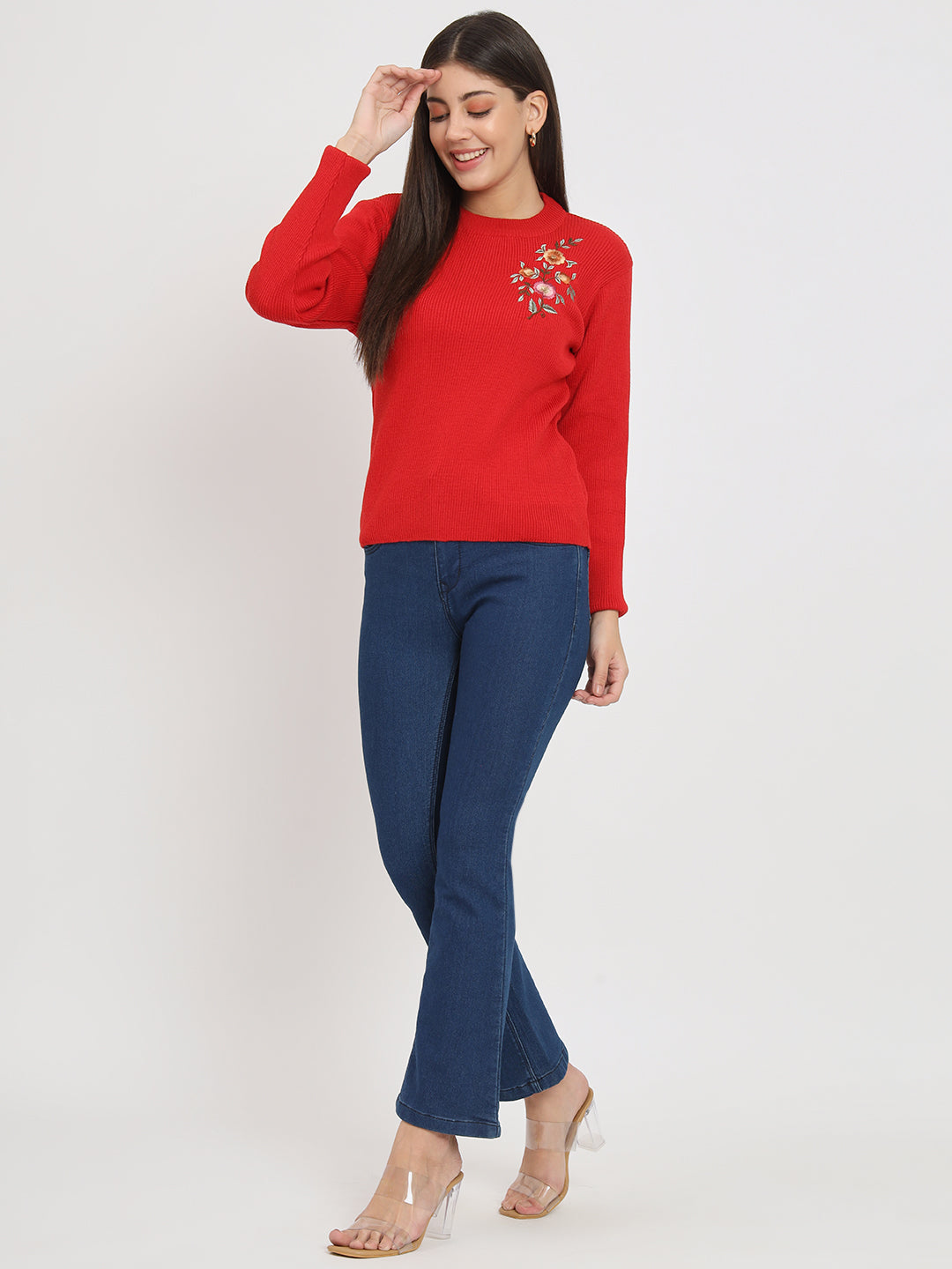 Wool Blend Round Neck Red Top With Embroidery