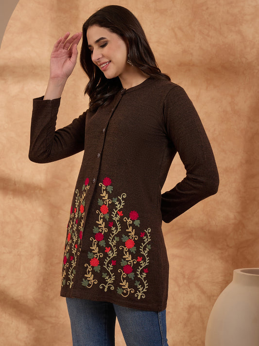 Women's Mixture Floral Embroidered Long Cardigan, Button-Front, Round Neck, Full Sleeves