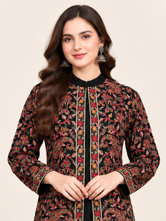 Embroidered 3-Piece Co-ord Shrug Set with Straight Pants and Inner Tank Top Black