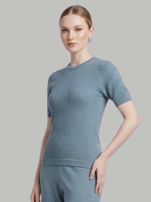 Clapton Knitted Summer Wear Co-Ord Set Top & Straight-Leg Trousers Firozi