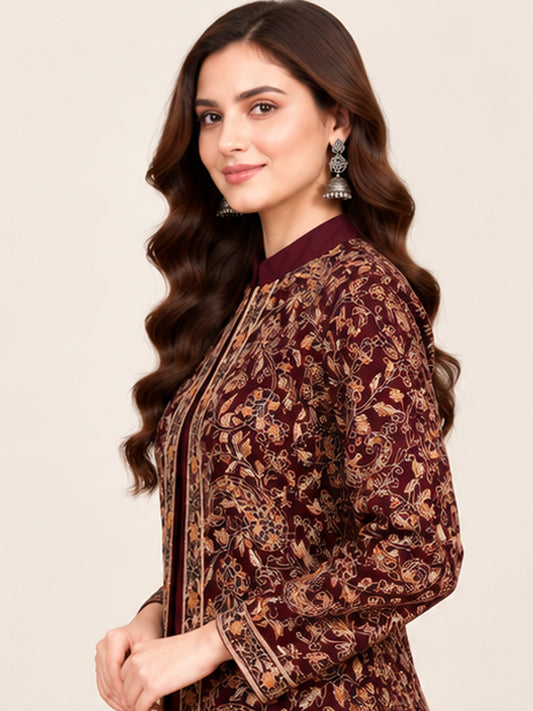 Embroidered 3-Piece Co-ord Shrug Set with Straight Pants and Inner Tank Top MAROON
