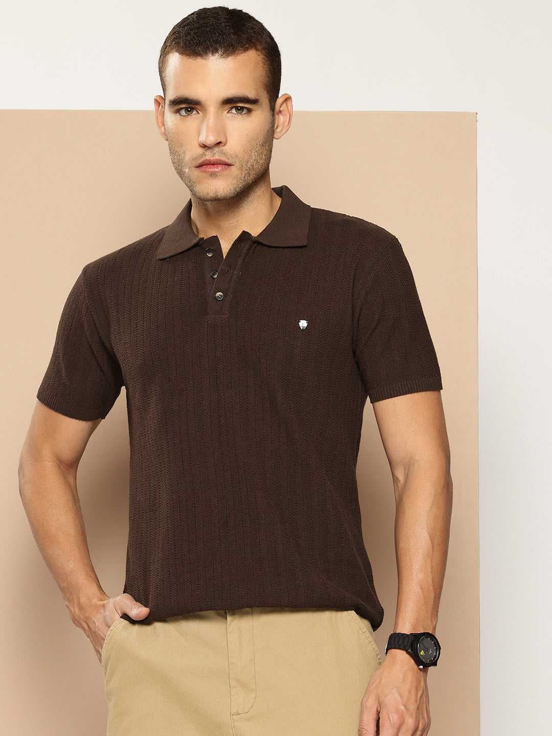 CLAPTON Men Knitted Textured Polo Collar T shirt Coffee
