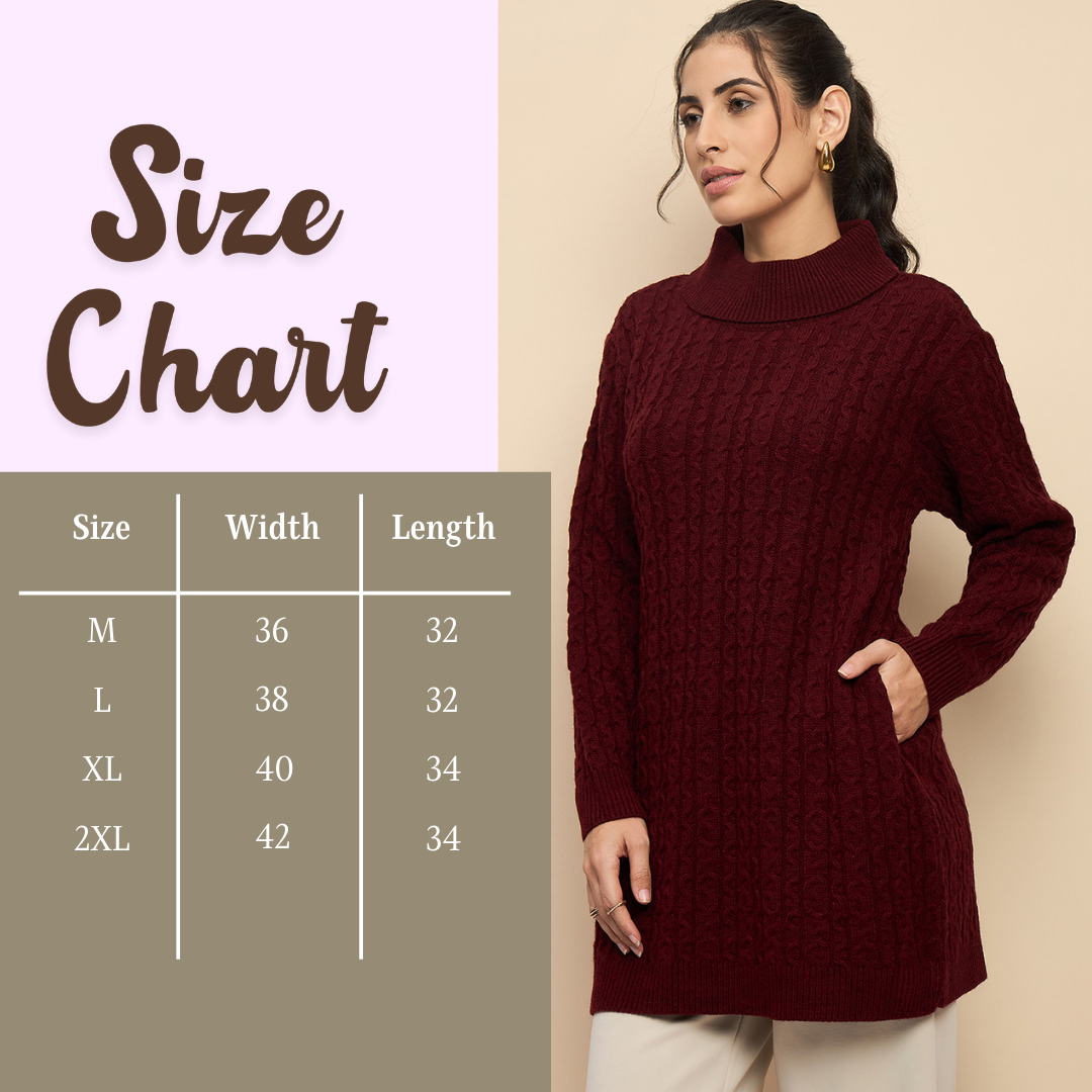 Clapton High Neck Cable Knitted Woolen Dress Maroon