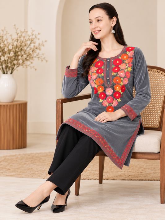 Clapton GREY Woolen Winter wear Embroidered Kashmiri Aari Work Kurta (PHERAN)