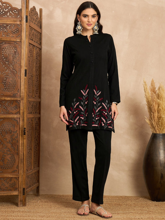 CLAPTON Women’s Black Wool Blend Embroidered Kurti & Pant Set – 2 Piece Winter Wear
