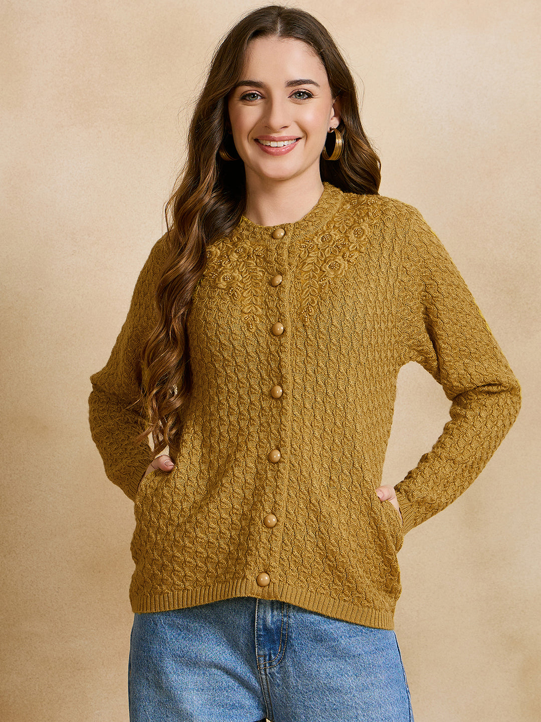 Clapton Floral Embroidered Knit Design Pure Wool Cardigan Gold