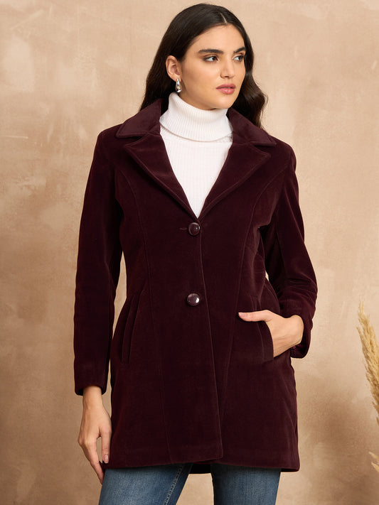 Clapton Women’S Wool Blend Long Winter Coat Maroon– Classic Button Closure & Lapel Collar