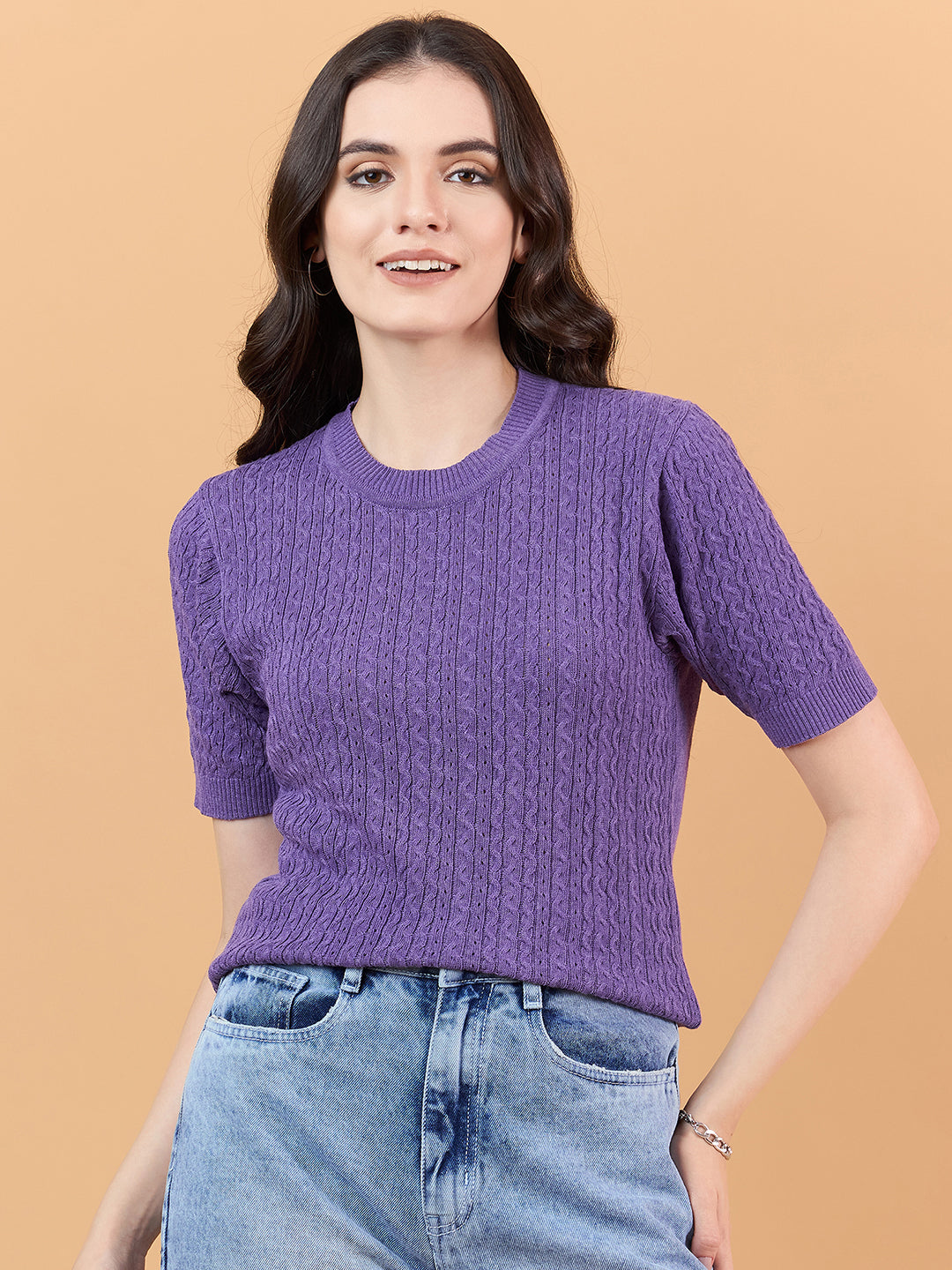 Ladies Short Sleeve Knitted cotton T Shirt solid Color Purple