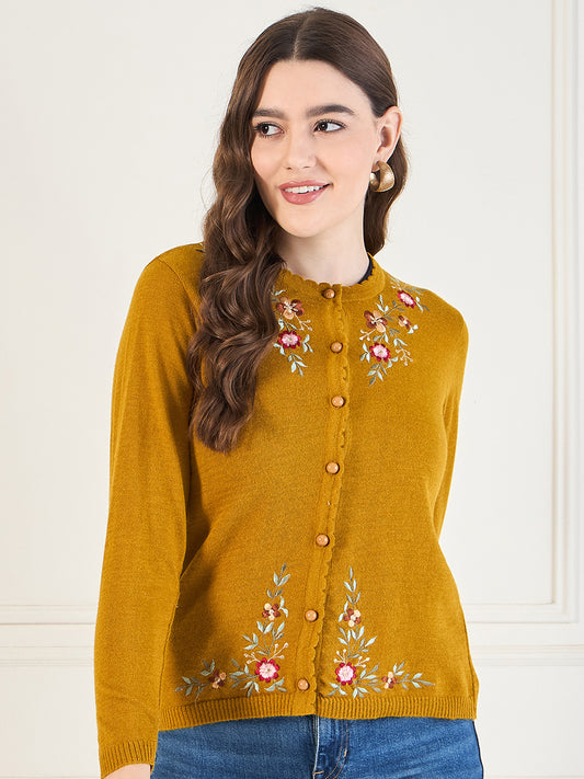 Embroidered Long Sleeves Pure Wool Cardigan Sweater Gold