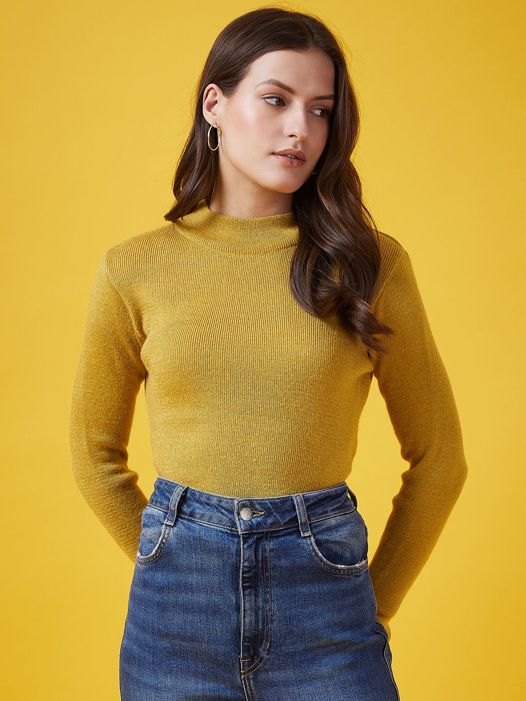 Wool Blend Crew Neck Full Sleeve Gold Top