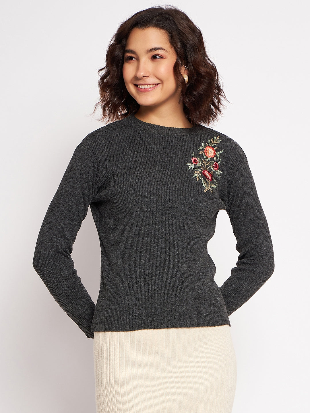 Wool Blend Round Neck Grey Top With Embroidery