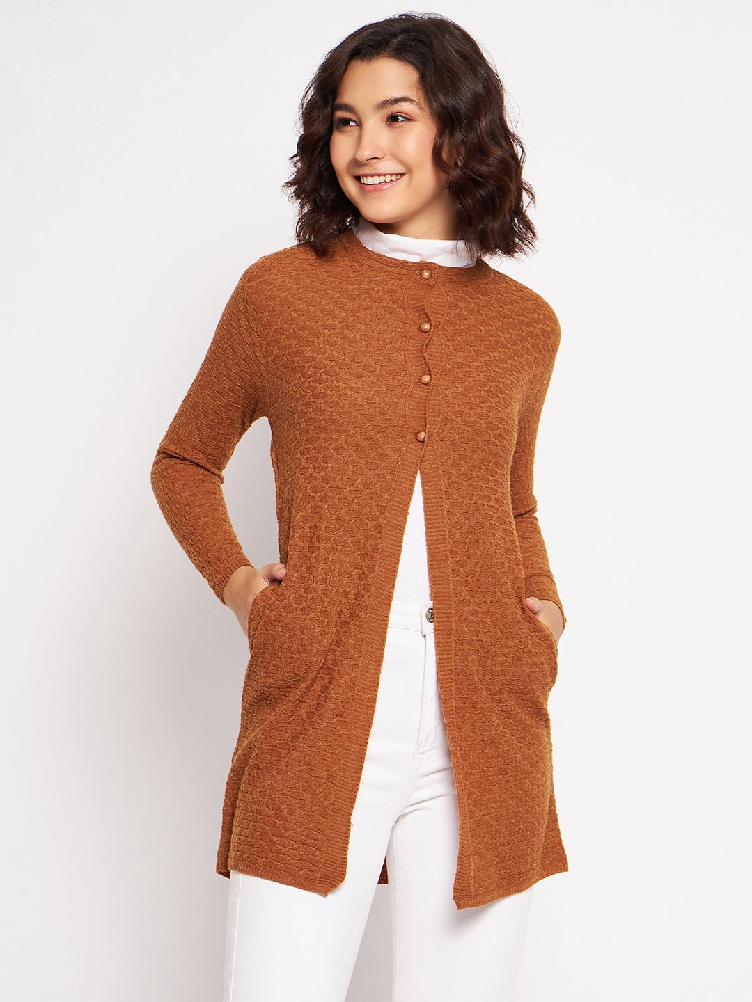 Wool Blend Round Neck Saffron Long Shrug