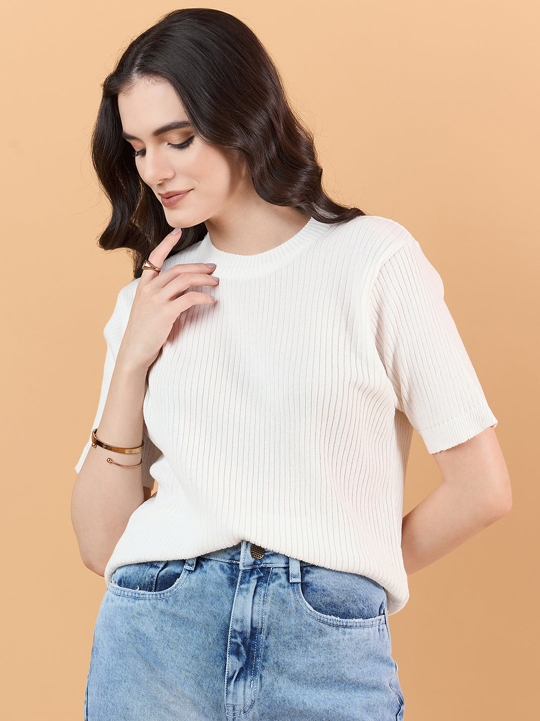 Ladies Short Sleeve Knitted cotton T Shirt solid Color White