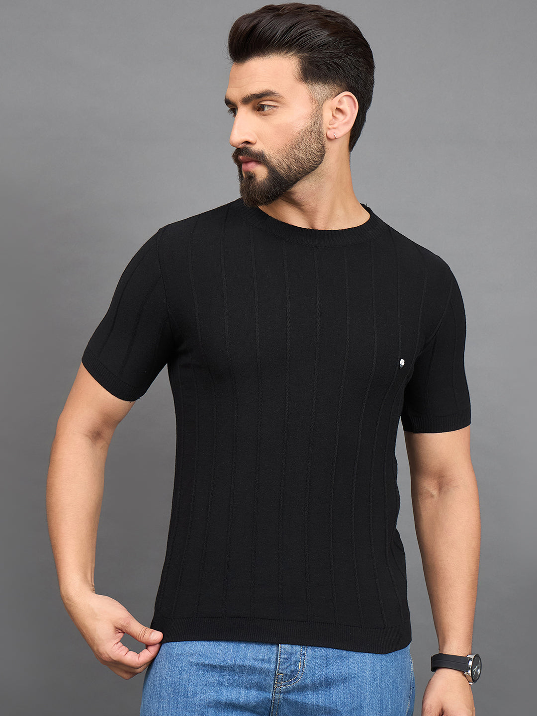 CLAPTON Men Knitted Round Neck T-shirt Black