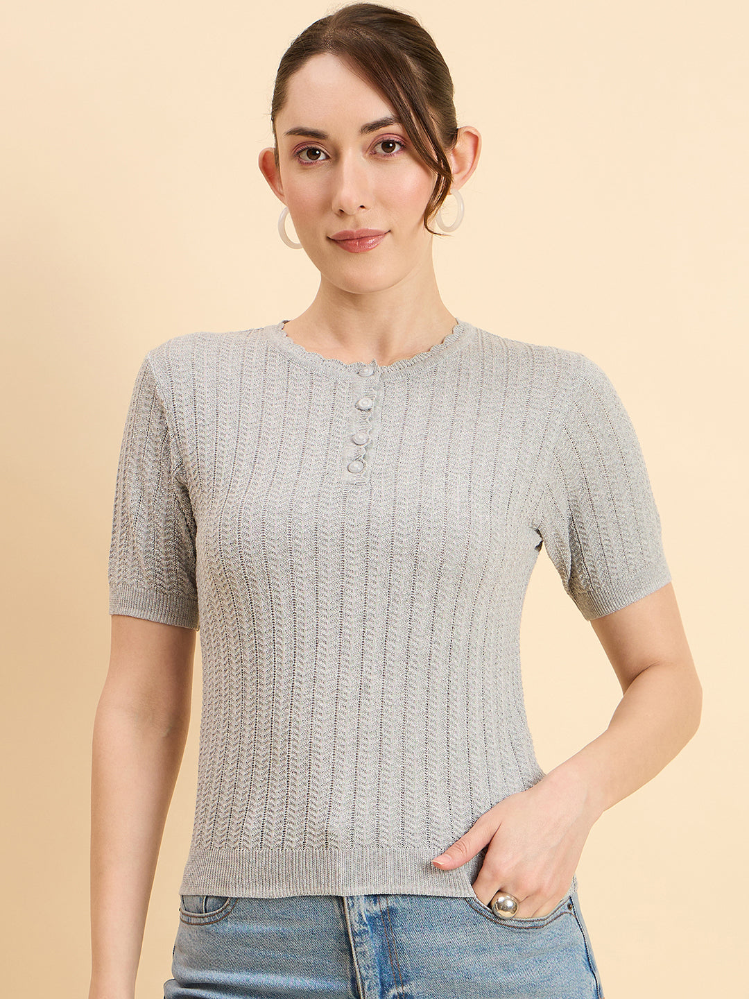 Clapton Women Knitted Round Neck T-shirt Grey