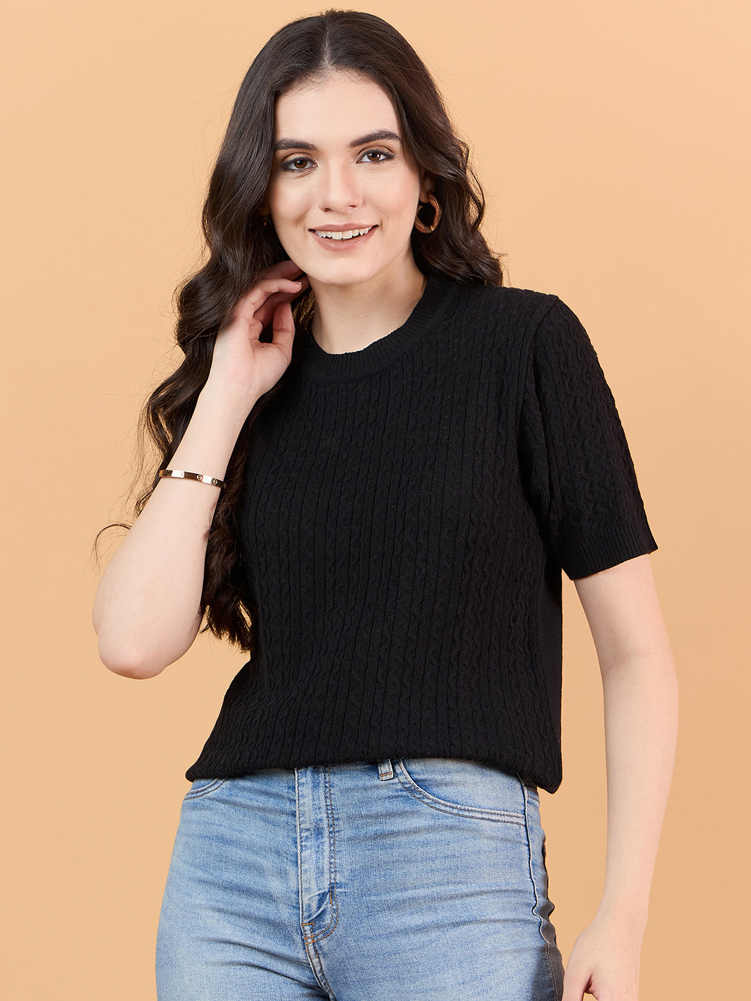 Ladies Short Sleeve Knitted cotton T Shirt solid Color Black