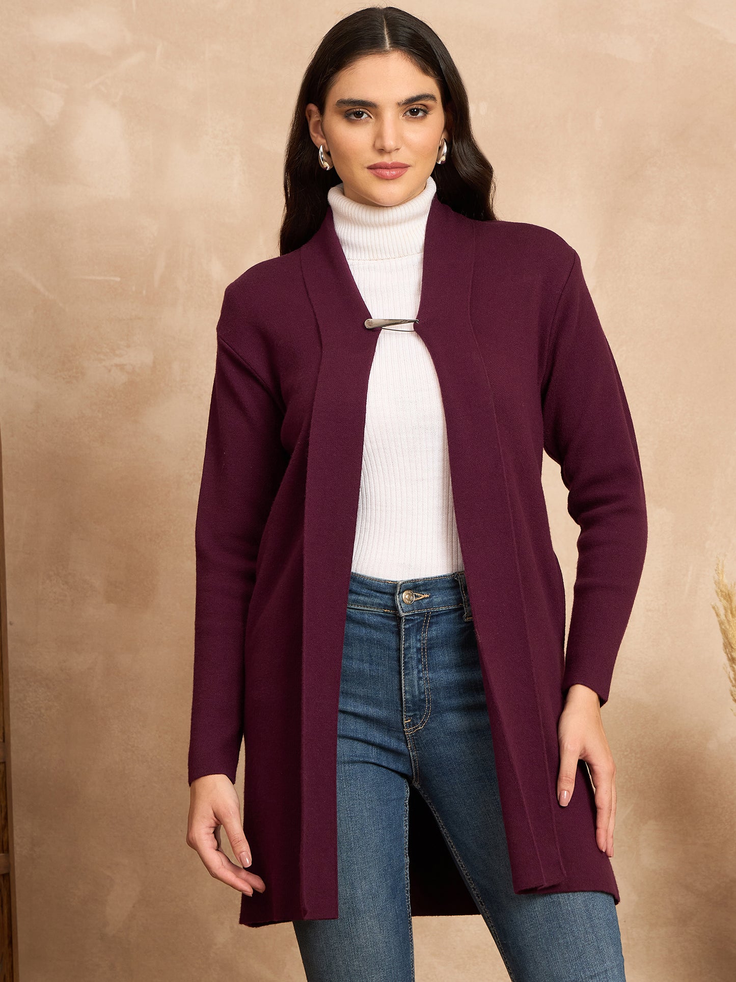 Women Knitted Long Shrug Purple