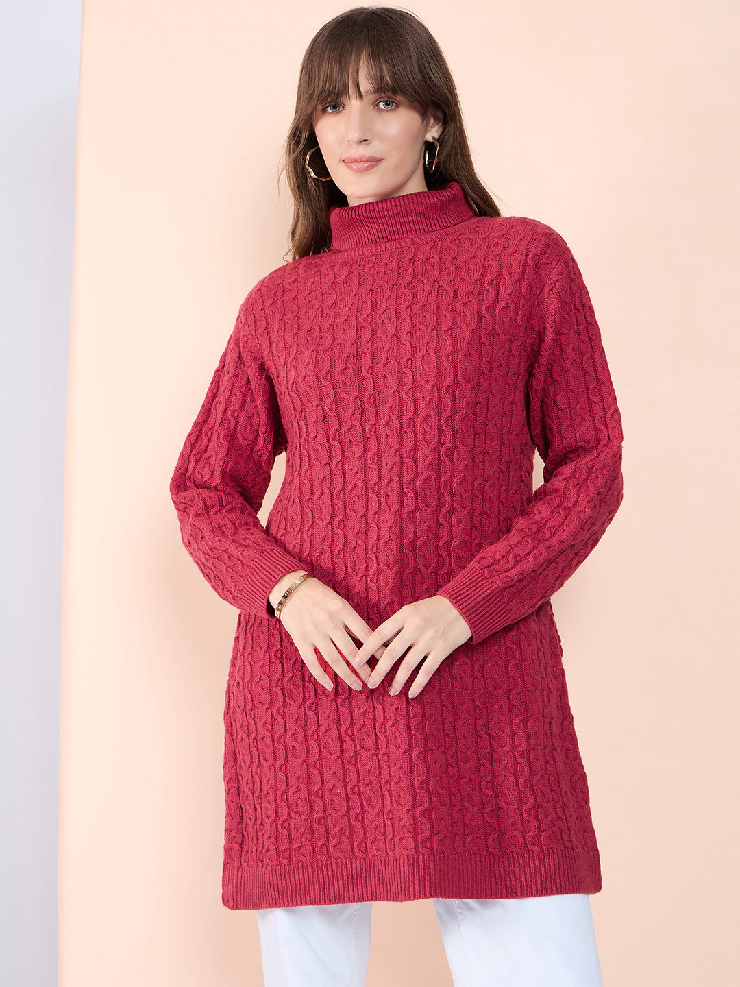 Clapton High Neck Cable Knitted Woolen Dress Rust