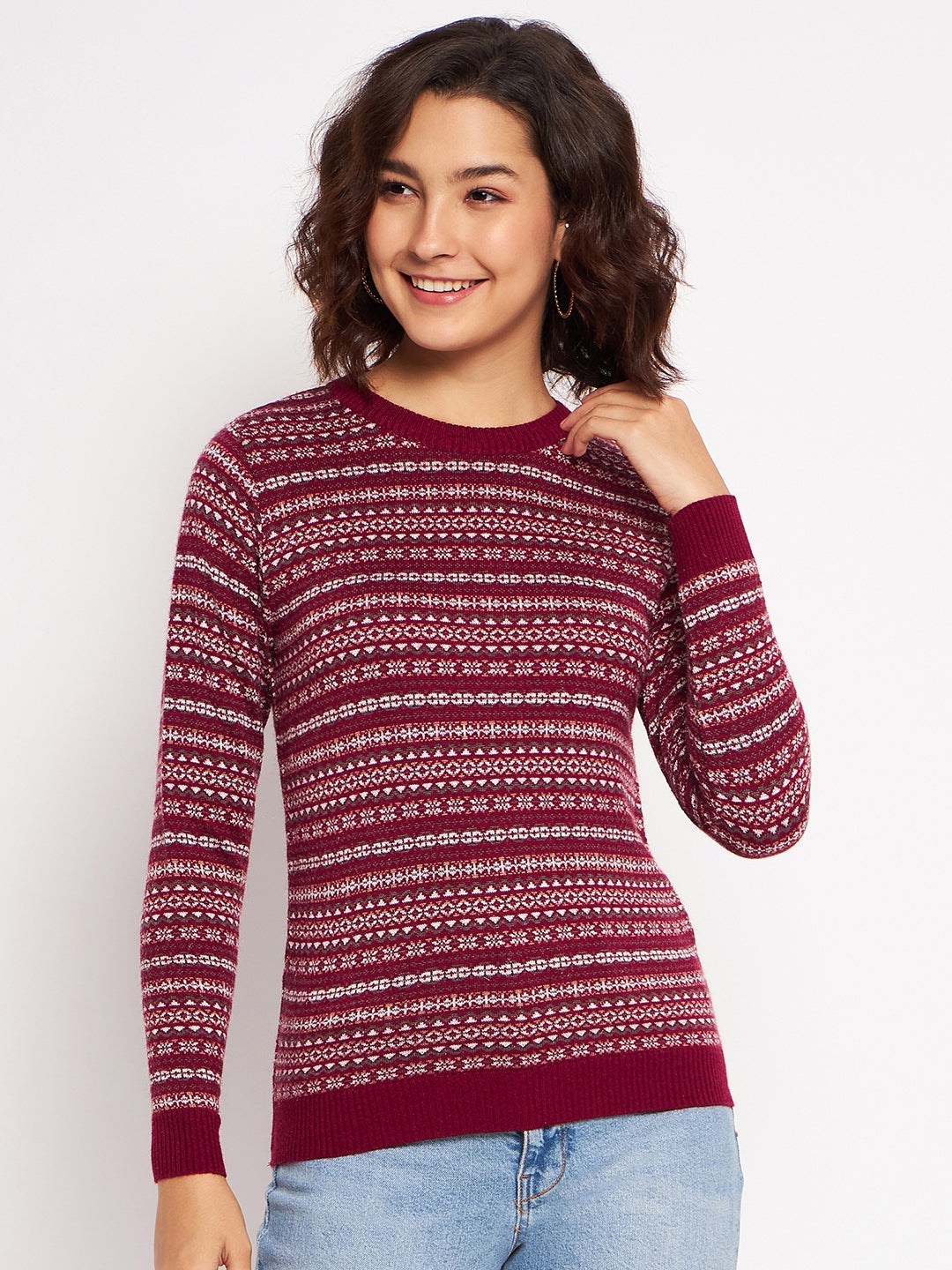 Wool Blend Round Neck Maroon Top