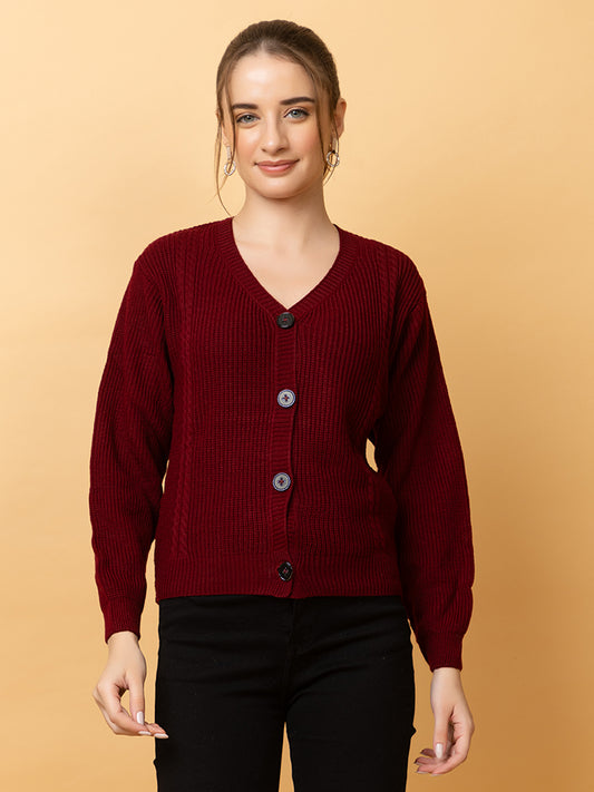 Clapton Women Maroon Self Knitted Cardigan