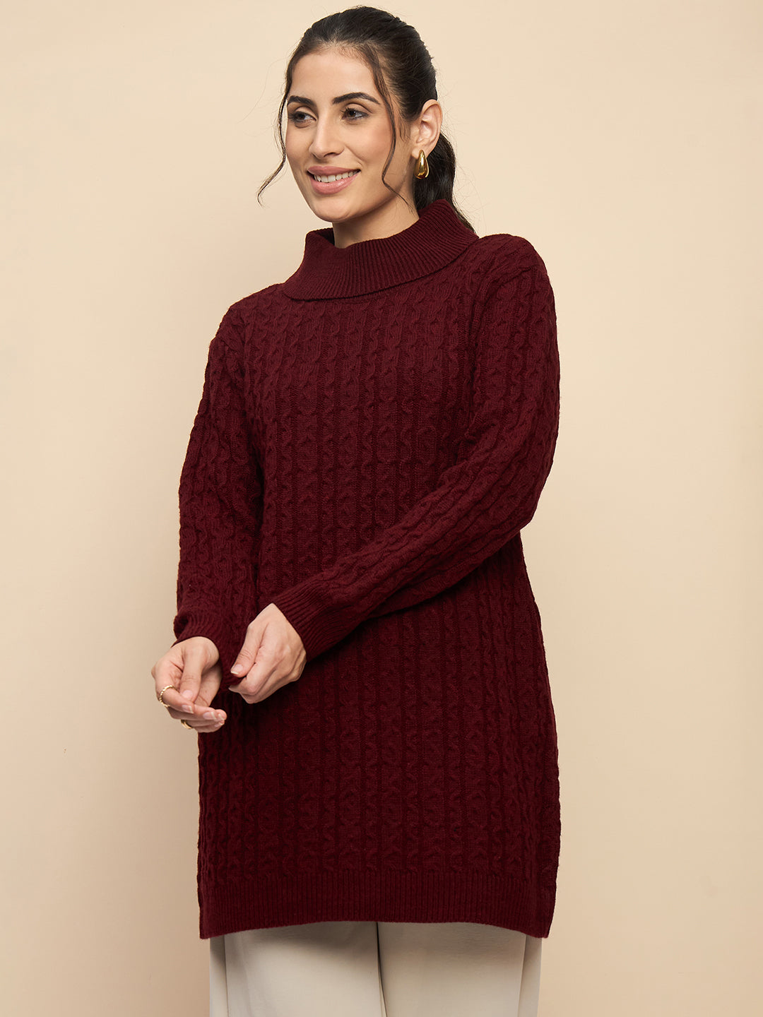 Clapton High Neck Cable Knitted Woolen Dress Maroon