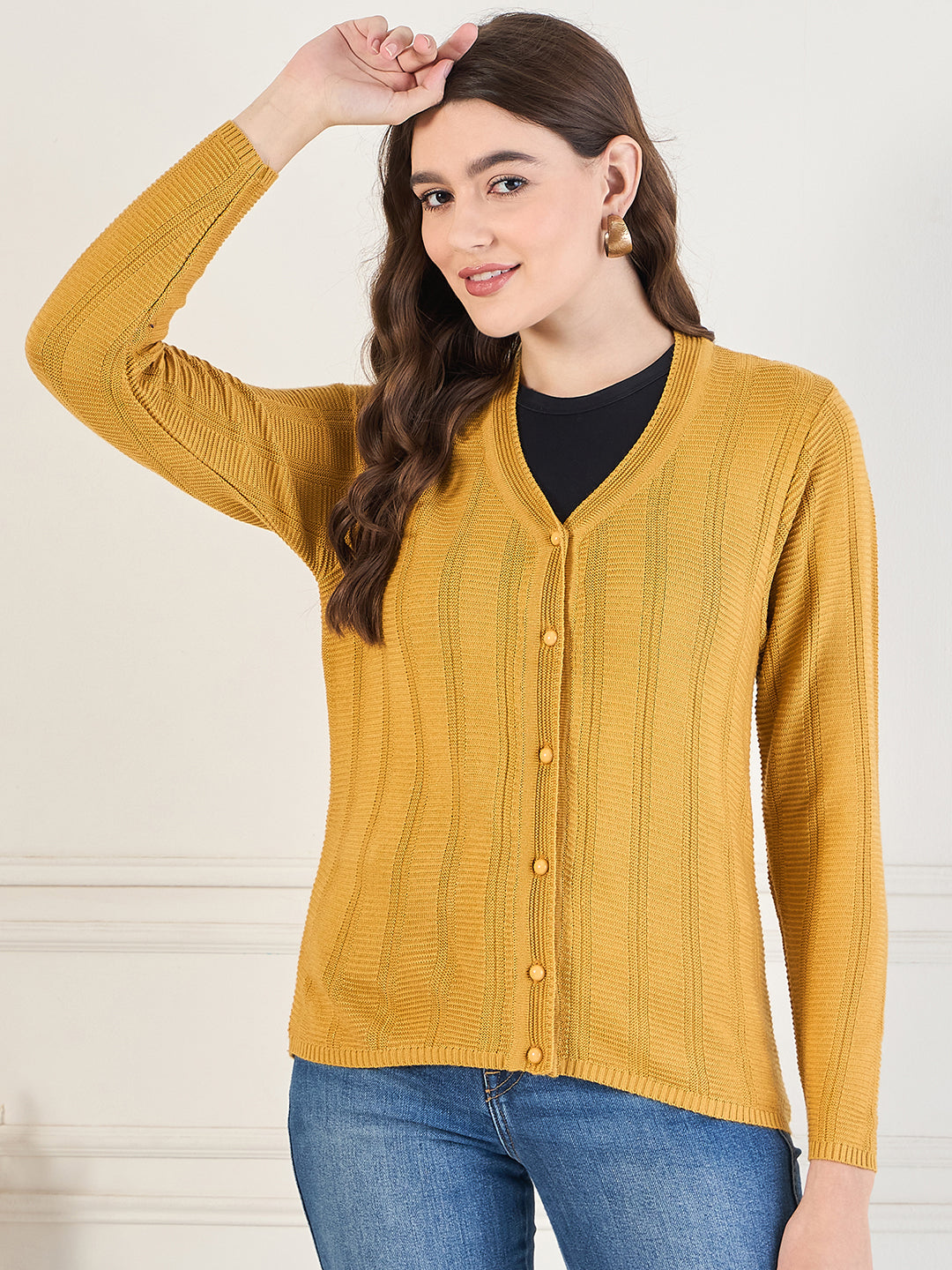 Wool Blend Round Neck cardigan Mustard