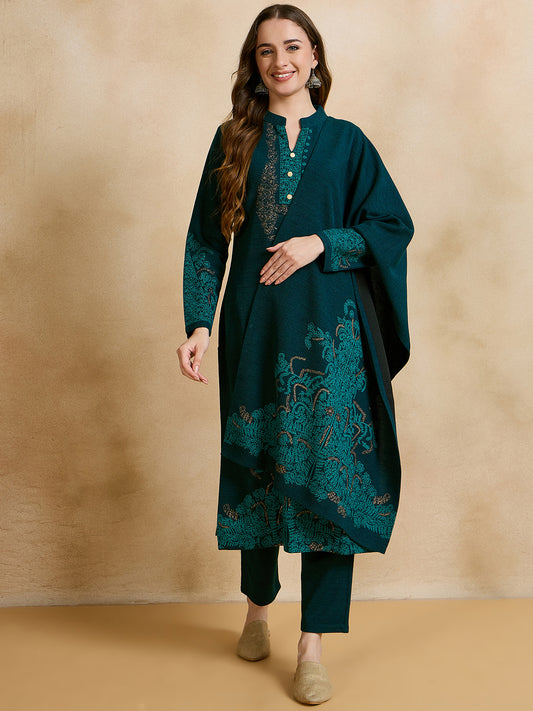 Clapton Embroidered Straight Kurta Pant With Dupatta Set Green